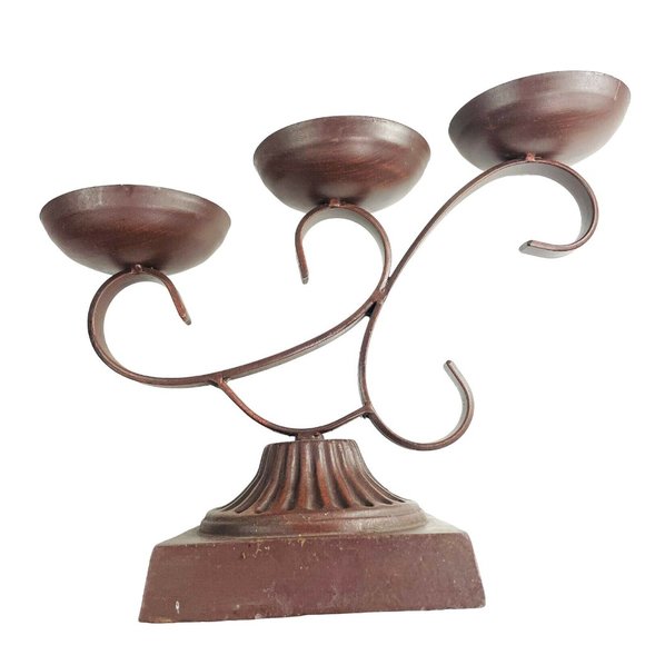 MCM Wrought Iron Candle Holder Three Tiered Pillar Stand Heavy Vintage u - Picture 4 of 5